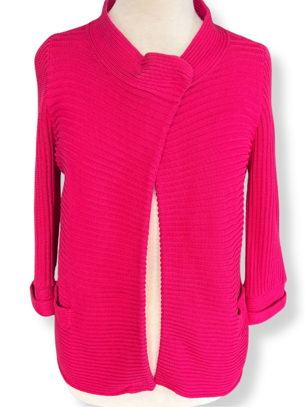 Anne Klein Pink Cotton Open Front Sweater Small Ribbed Pockets